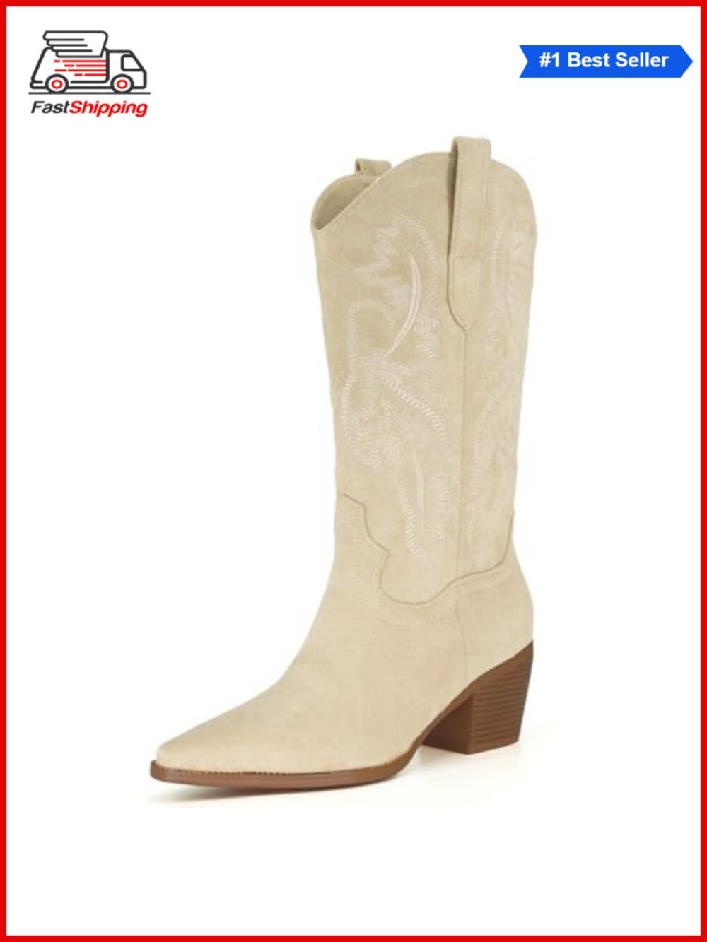 Women's Embroidered Cowboy Boots Faux Suede Block Heel Mid-Calf Western Boots